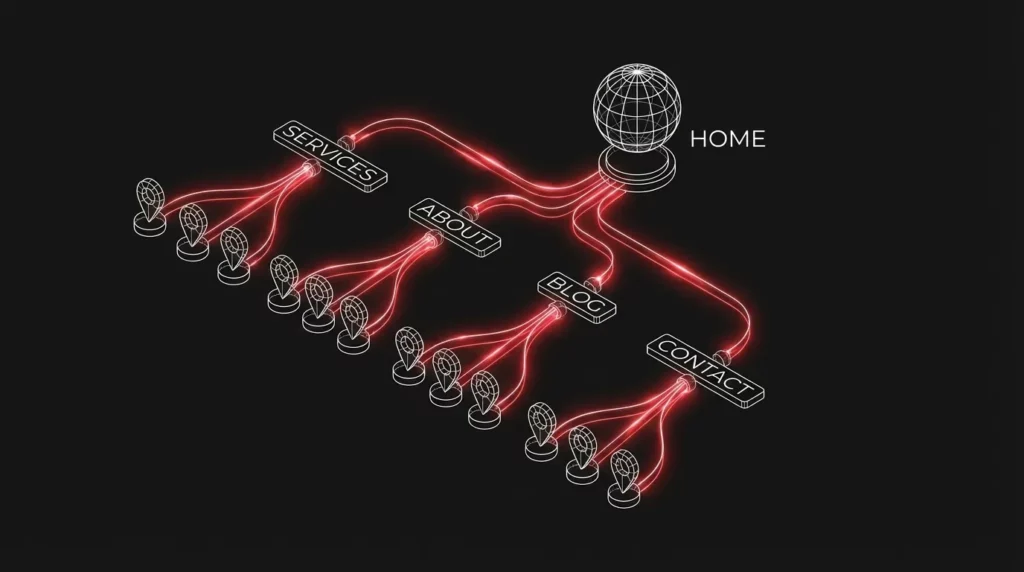 Estructura de arquitectura web optimizada para SEO Local con landings por ubicación.