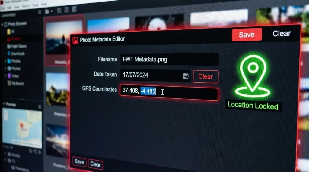 Interfaz de herramienta online para geolocalizar imágenes con coordenadas GPS.