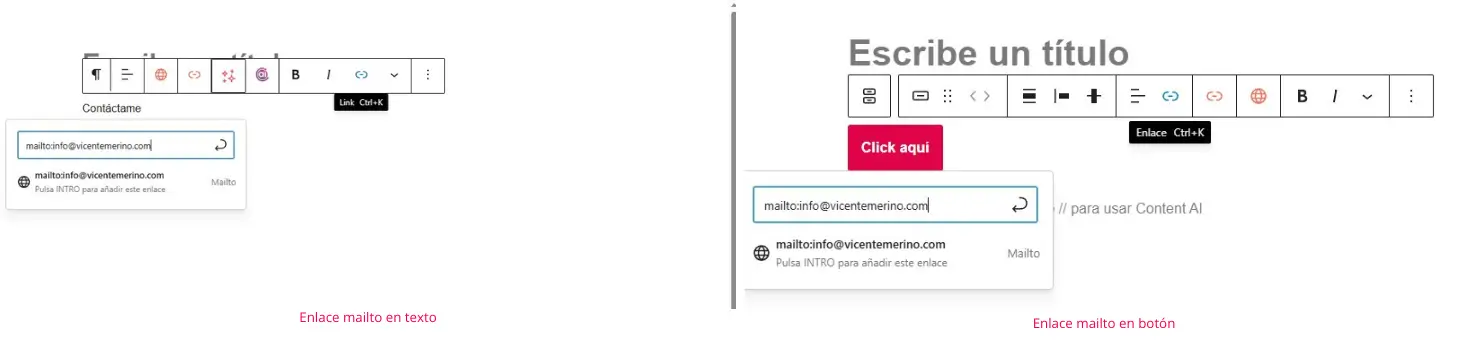 enlace mailto en el editor de bloques de wordpress