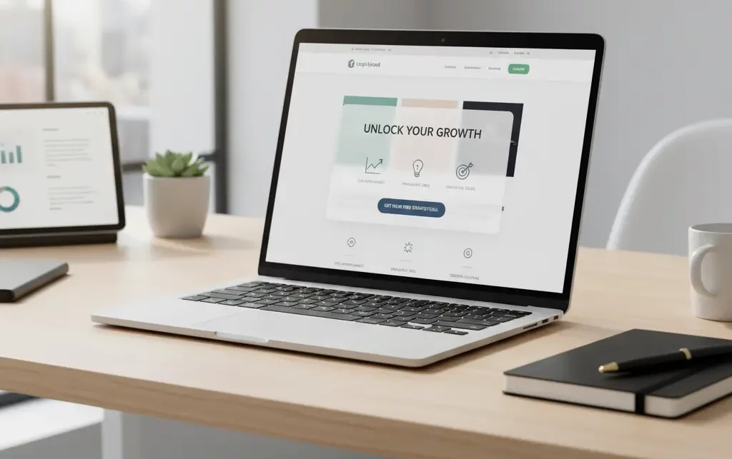 Popup de estrategia de marketing en pantalla de laptop, representando cómo las ventanas emergentes ayudan a marcas y emprendedores a captar clientes