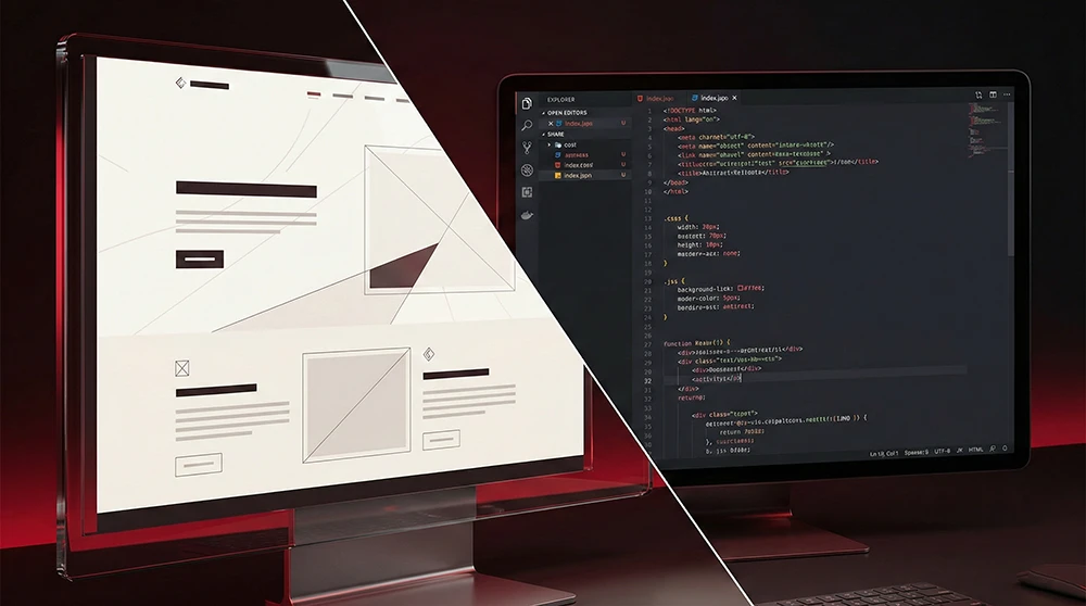 Pantalla dividida mostrando diseño visual y código limpio optimizado para Diseño Web SEO