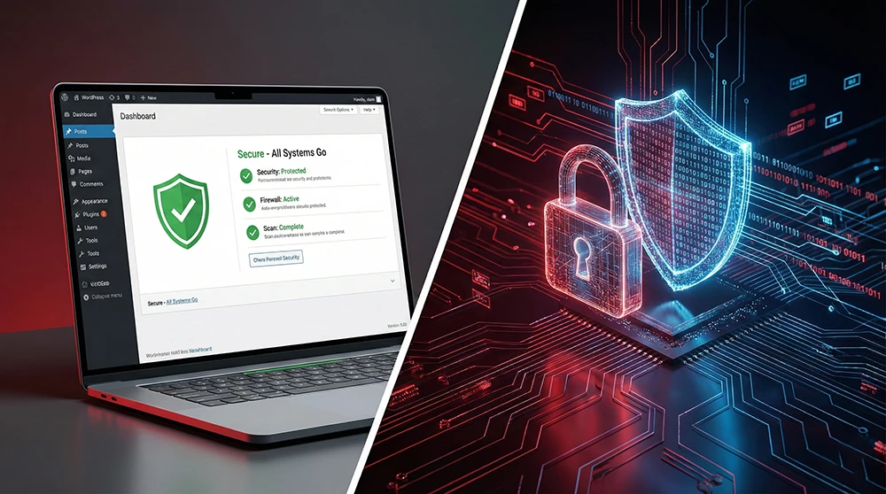 Pantalla dividida mostrando un dashboard de WordPress actualizado y un escudo de ciberseguridad para el servicio de mantenimiento web