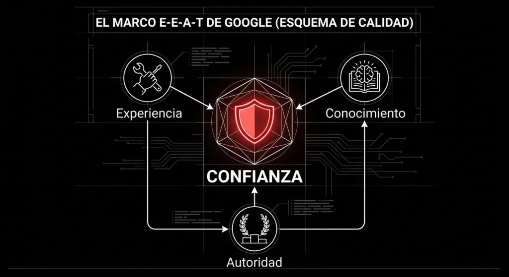 Esquema de los factores E-E-A-T con la Confianza como pilar central