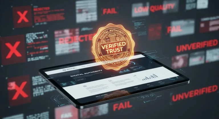 Sello de calidad E-E-A-T de Google sobre una página web verificada.