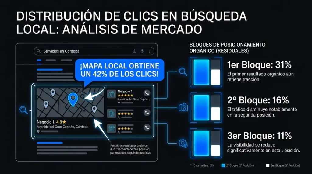 Cuánto tráfico pierdes si tu ficha de Google Business está incompleta (o directamente no existe) como se reparten los clics del local pack en la busqueda local, de ahí la importancia de tener una ficha de Google business optimizada